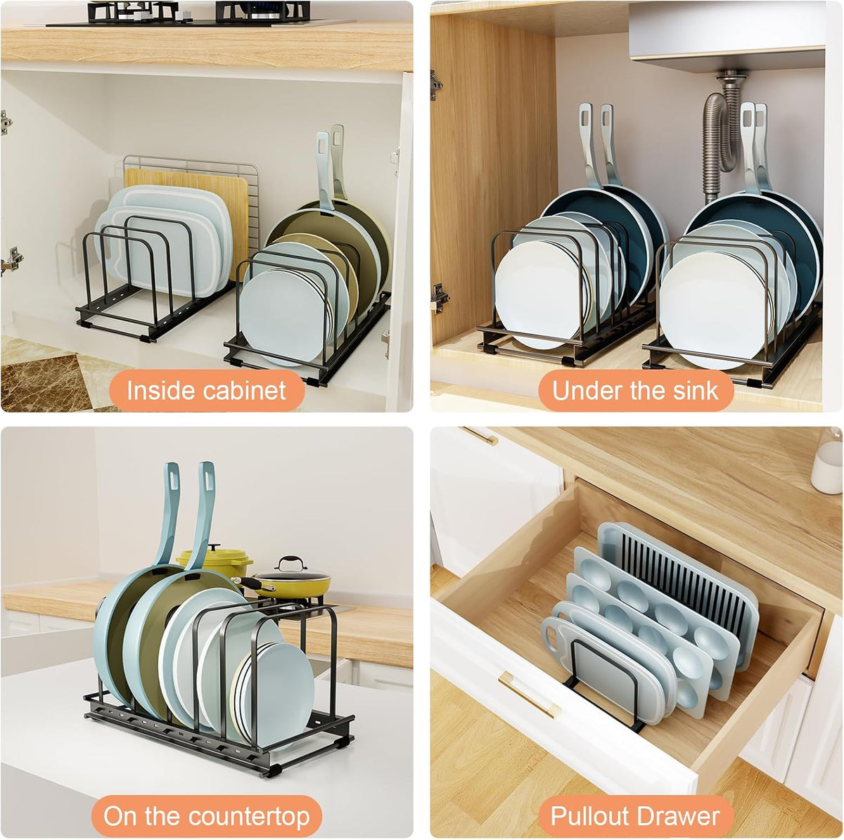 TEAMOLA Metal Cutting Board Organizer - Adjustable Bakeware Rack 2-Pack | Black Metal Kitchen Rack Organizer, Adjustable Holder Fits Pans Lids Sheets, Cabinet Counter Under Sink Caddy with 7 Slots