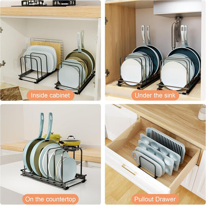 TEAMOLA Metal Cutting Board Organizer - Adjustable Bakeware Rack 2-Pack | Black Metal Kitchen Rack Organizer, Adjustable Holder Fits Pans Lids Sheets, Cabinet Counter Under Sink Caddy with 7 Slots