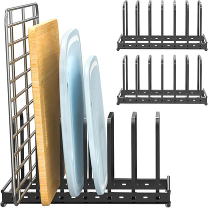 TEAMOLA Metal Cutting Board Organizer - Adjustable Bakeware Rack 2-Pack | Black Metal Kitchen Rack Organizer, Adjustable Holder Fits Pans Lids Sheets, Cabinet Counter Under Sink Caddy with 7 Slots
