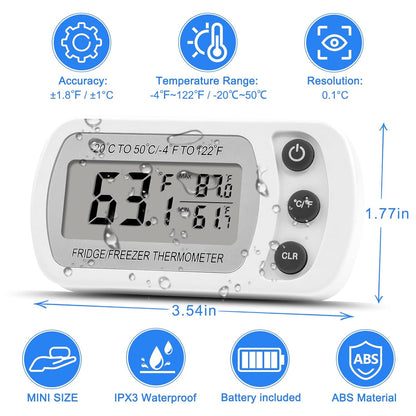 Digital Refrigerator Thermometer 2 Pack for Fridge Freezer Cooler Waterproof, White