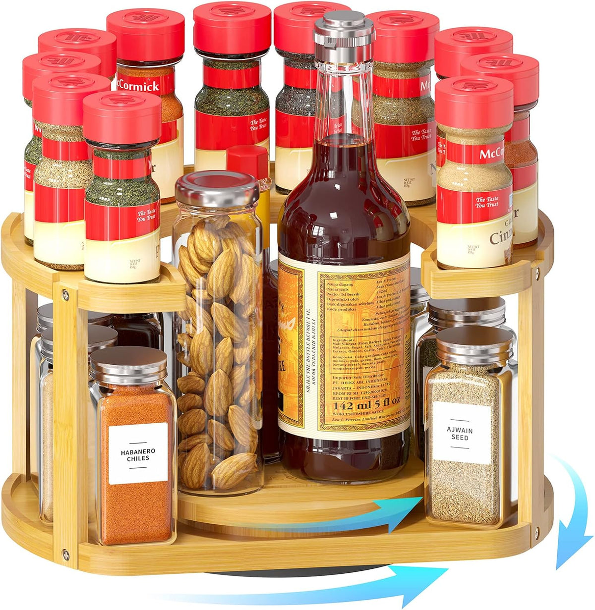 2 Tier Bamboo Spice Rack Organizer, Lazy Susan Turntable for Cabinet, Home Kitchen Spices Spinning Rotating Shelf Racks for Pantry Seasoning Bottle Holder Storage (Two Tier, Natural)