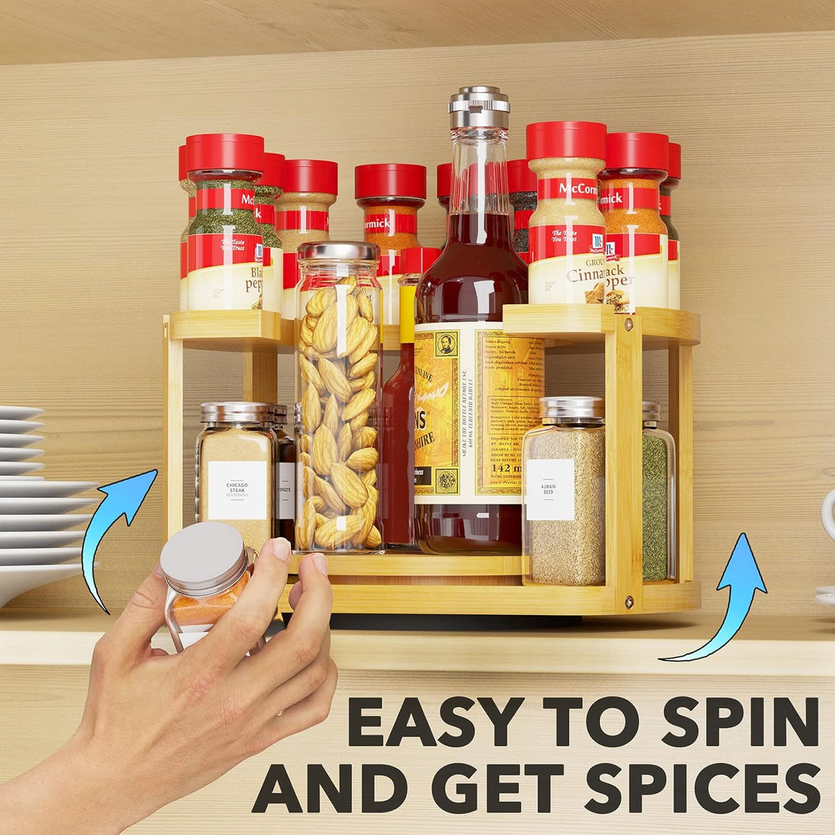 2 Tier Bamboo Spice Rack Organizer, Lazy Susan Turntable for Cabinet, Home Kitchen Spices Spinning Rotating Shelf Racks for Pantry Seasoning Bottle Holder Storage (Two Tier, Natural)