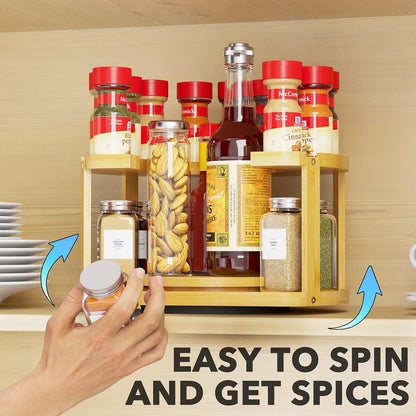 2 Tier Bamboo Spice Rack Organizer, Lazy Susan Turntable for Cabinet, Home Kitchen Spices Spinning Rotating Shelf Racks for Pantry Seasoning Bottle Holder Storage (Two Tier, Natural)