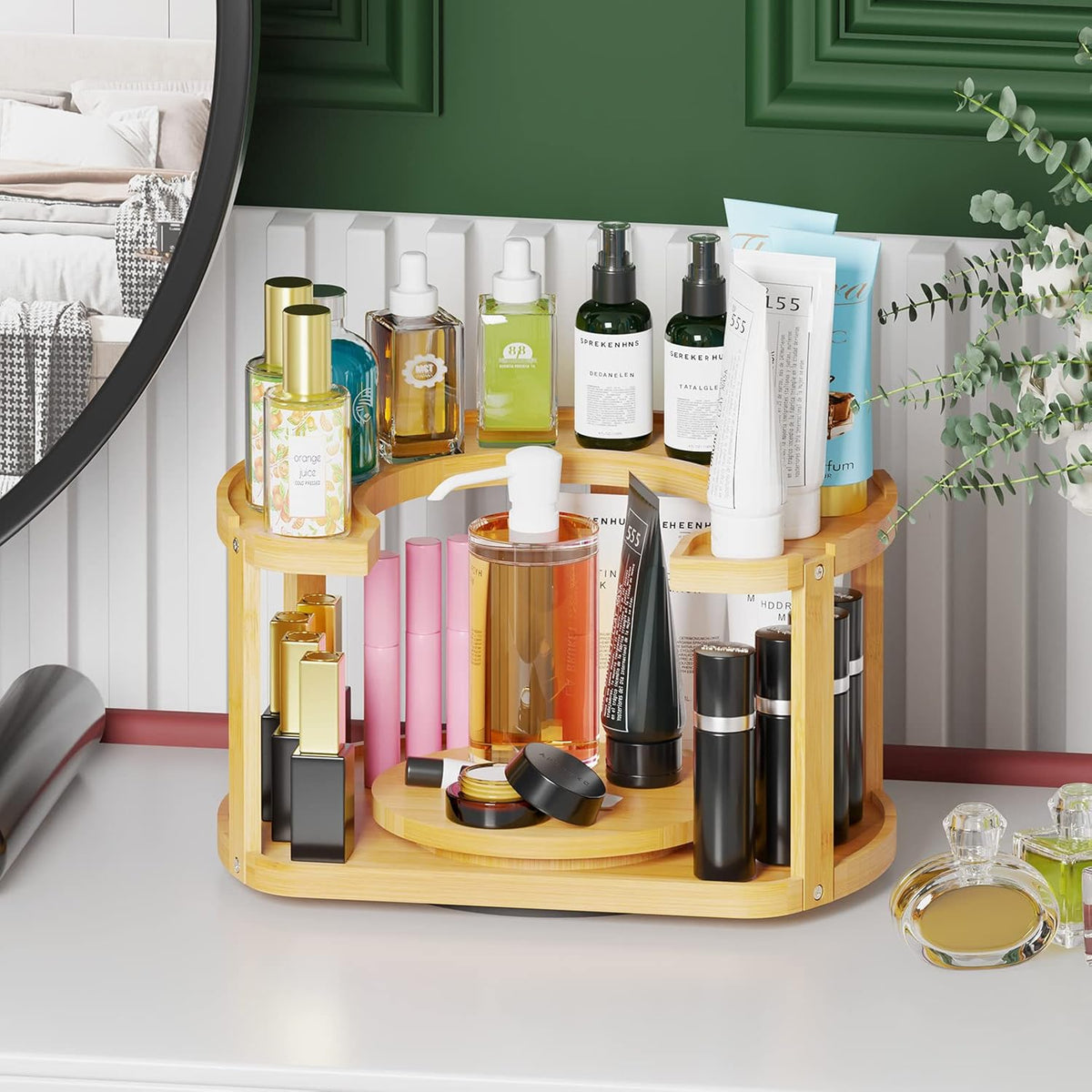 2 Tier Bamboo Spice Rack Organizer, Lazy Susan Turntable for Cabinet, Home Kitchen Spices Spinning Rotating Shelf Racks for Pantry Seasoning Bottle Holder Storage (Two Tier, Natural)