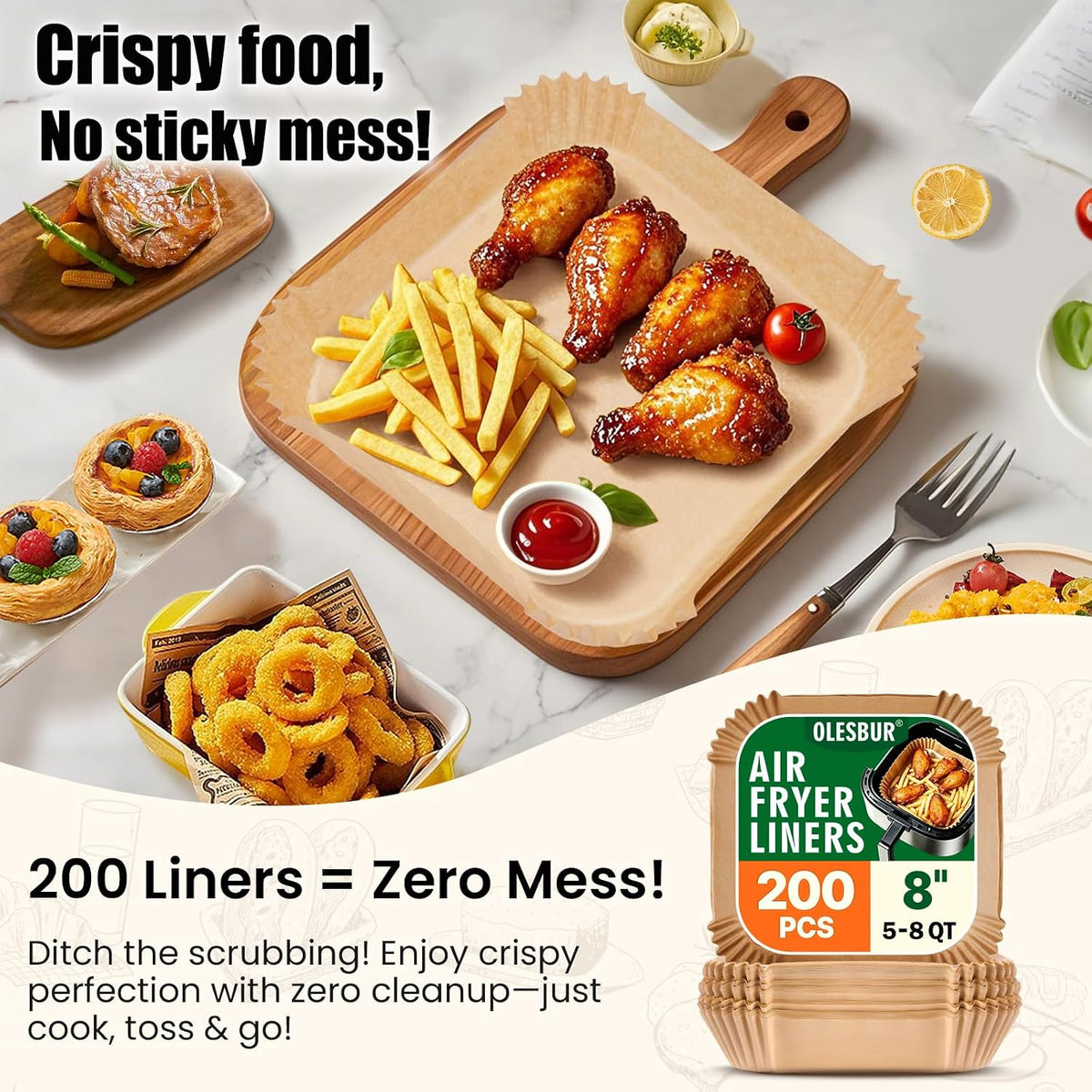 Air Fryer Liners Disposable, 200Pcs 8 Inch Airfryer Paper Liners, Unbleached Parchment Paper for Air Fryer Basket, Non-Stick Air Fryer Accessories, Liners for Baking, Parchment Paper Sheets