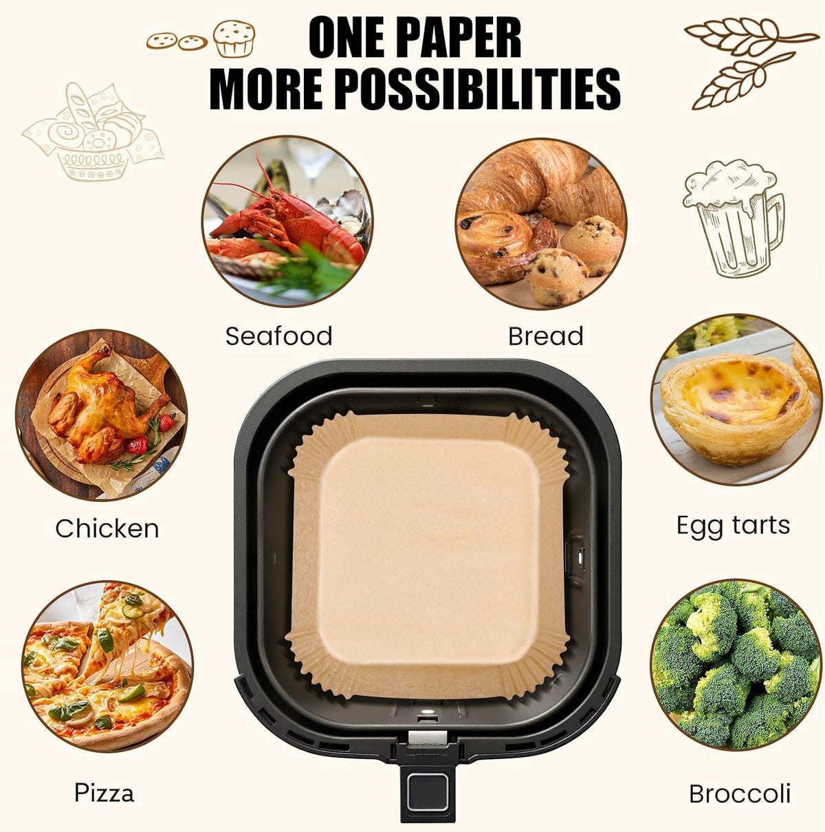 Air Fryer Liners Disposable, 200Pcs 8 Inch Airfryer Paper Liners, Unbleached Parchment Paper for Air Fryer Basket, Non-Stick Air Fryer Accessories, Liners for Baking, Parchment Paper Sheets
