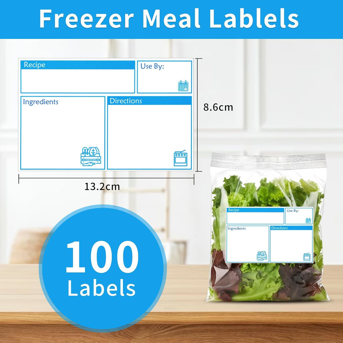 100pcs Labels for Freezer Bags Freezer Meal Labels with Instructions 3.2 X 5 inch Oil and Water Resistant Labels Food Labels for Freezer Storage for Leftovers in Fridge Removable Freezer (Red)