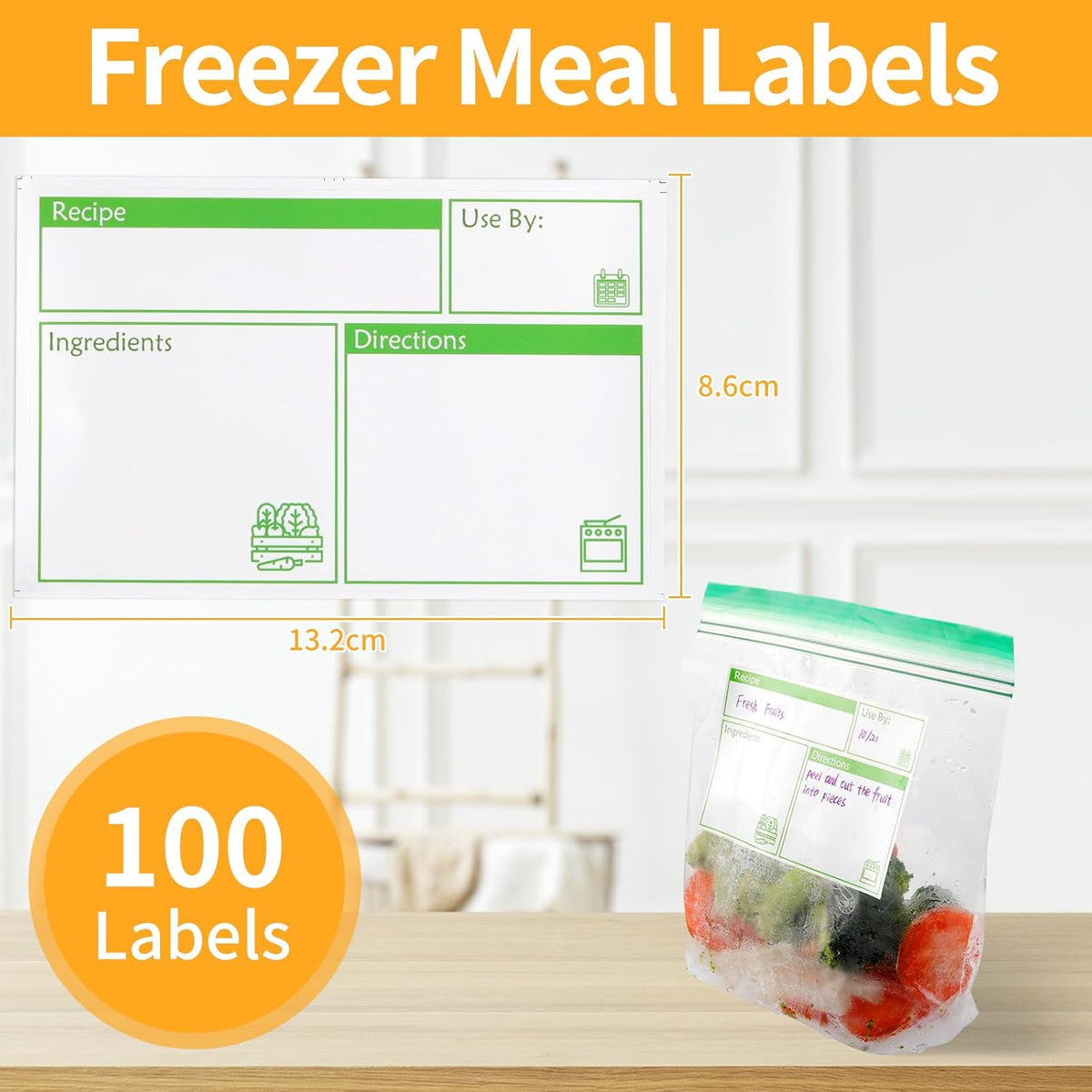 100pcs Labels for Freezer Bags Freezer Meal Labels with Instructions 3.2 X 5 inch Oil and Water Resistant Labels Food Labels for Freezer Storage for Leftovers in Fridge Removable Freezer (Red)