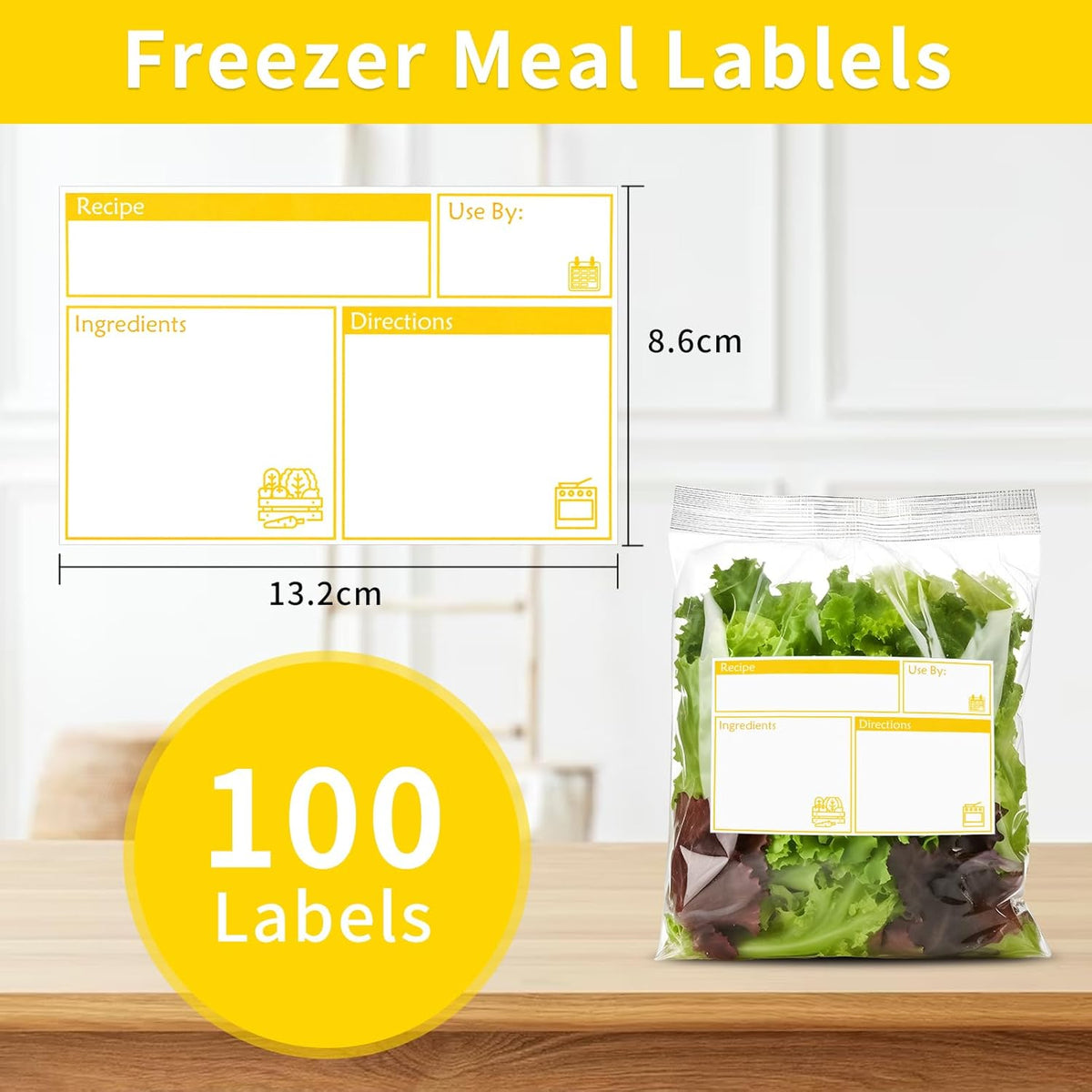 100pcs Labels for Freezer Bags Freezer Meal Labels with Instructions 3.2 X 5 inch Oil and Water Resistant Labels Food Labels for Freezer Storage for Leftovers in Fridge Removable Freezer (Red)