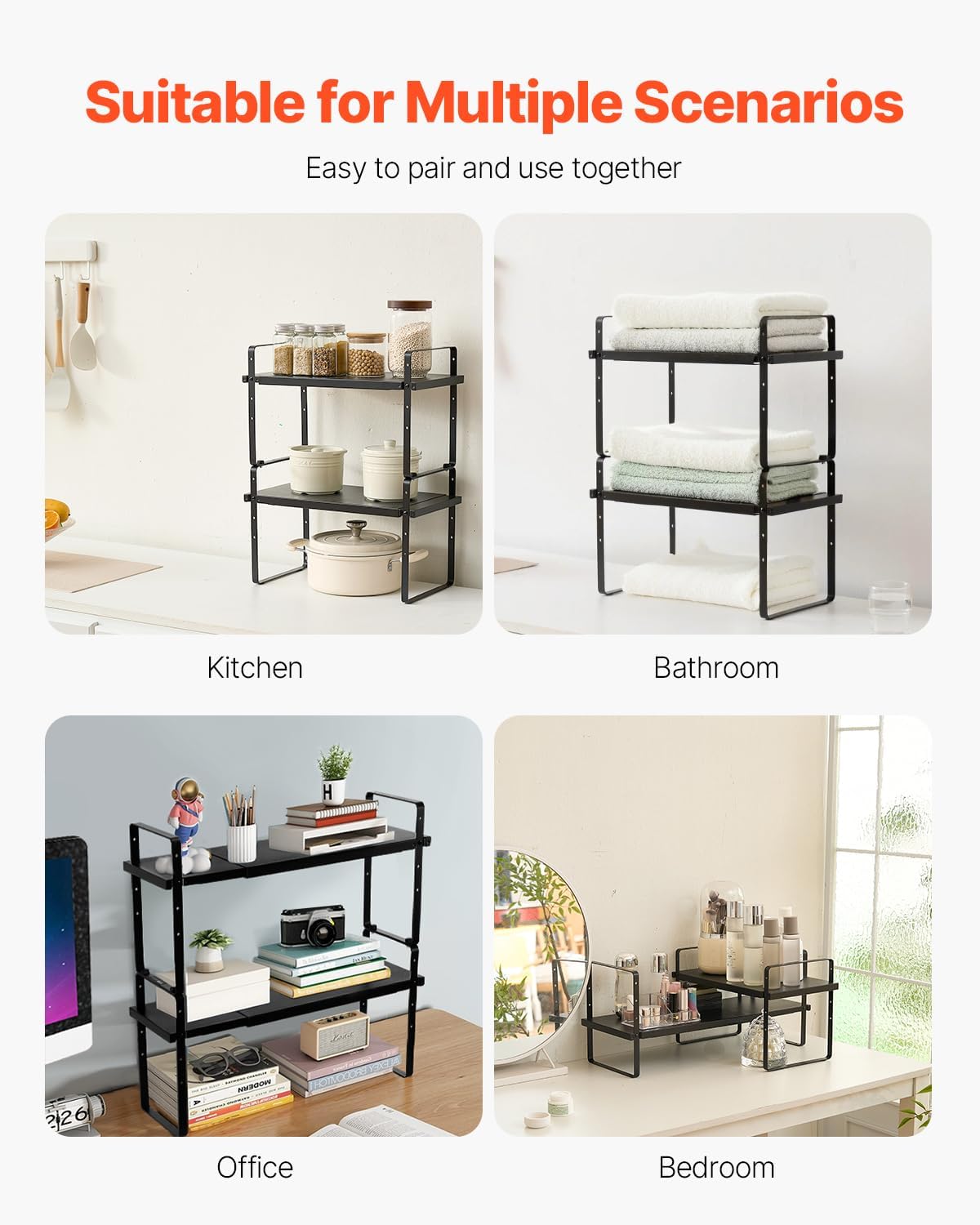 Adjustable Kitchen Cabinet Shelf Organizer, Expandable 2 Tier Cabinet Shelf, Stackable Countertop Organizers and Storage Risers, Pantry for Kitchen Bathroom Office, White