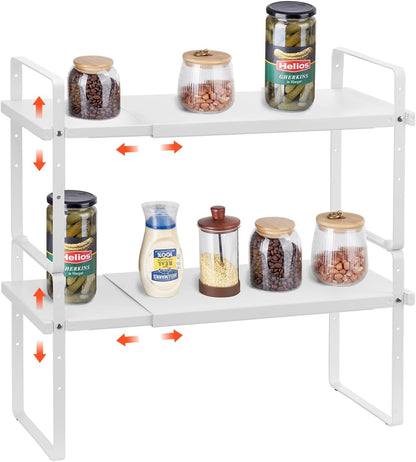 Adjustable Kitchen Cabinet Shelf Organizer, Expandable 2 Tier Cabinet Shelf, Stackable Countertop Organizers and Storage Risers, Pantry for Kitchen Bathroom Office, White