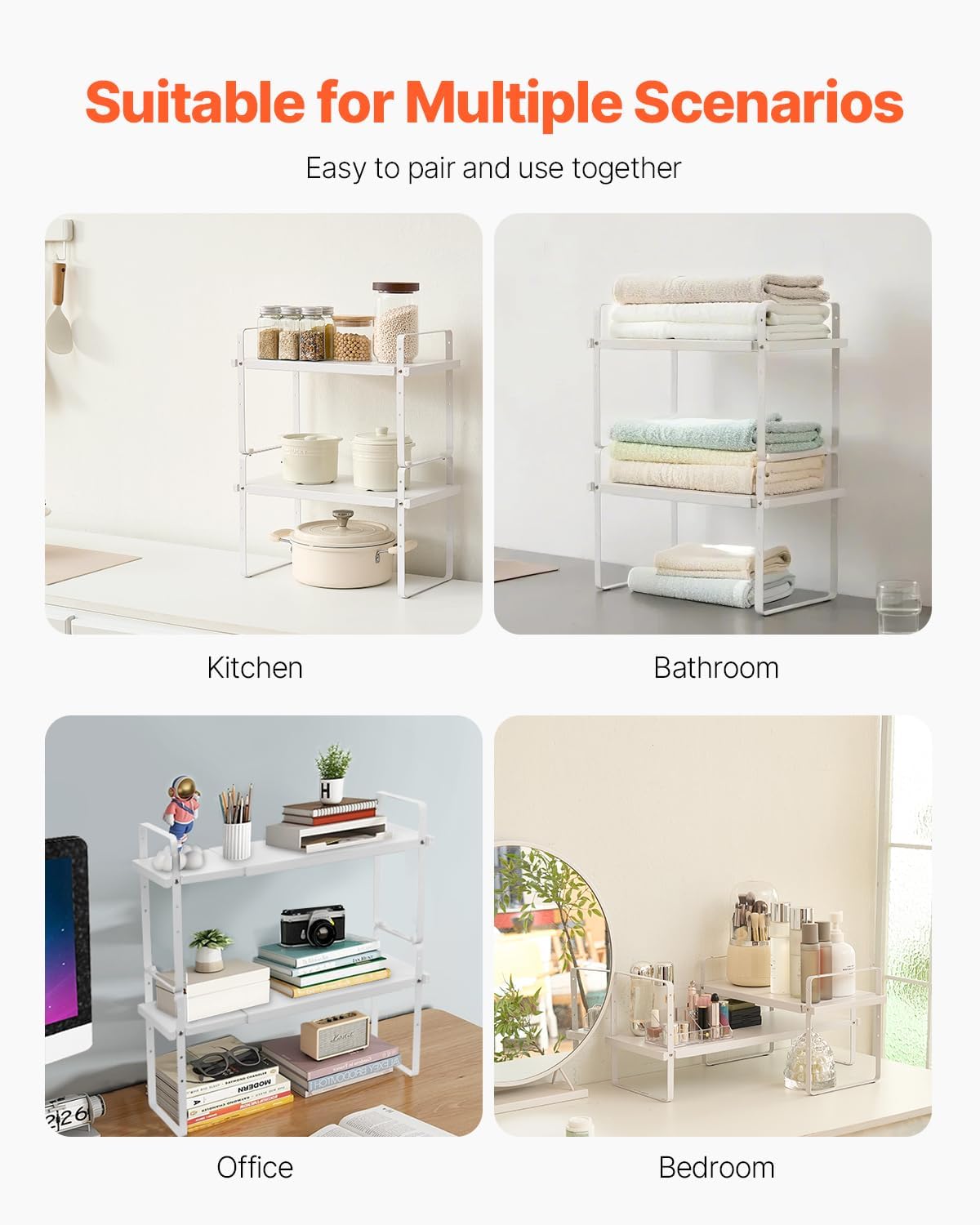 Adjustable Kitchen Cabinet Shelf Organizer, Expandable 2 Tier Cabinet Shelf, Stackable Countertop Organizers and Storage Risers, Pantry for Kitchen Bathroom Office, White