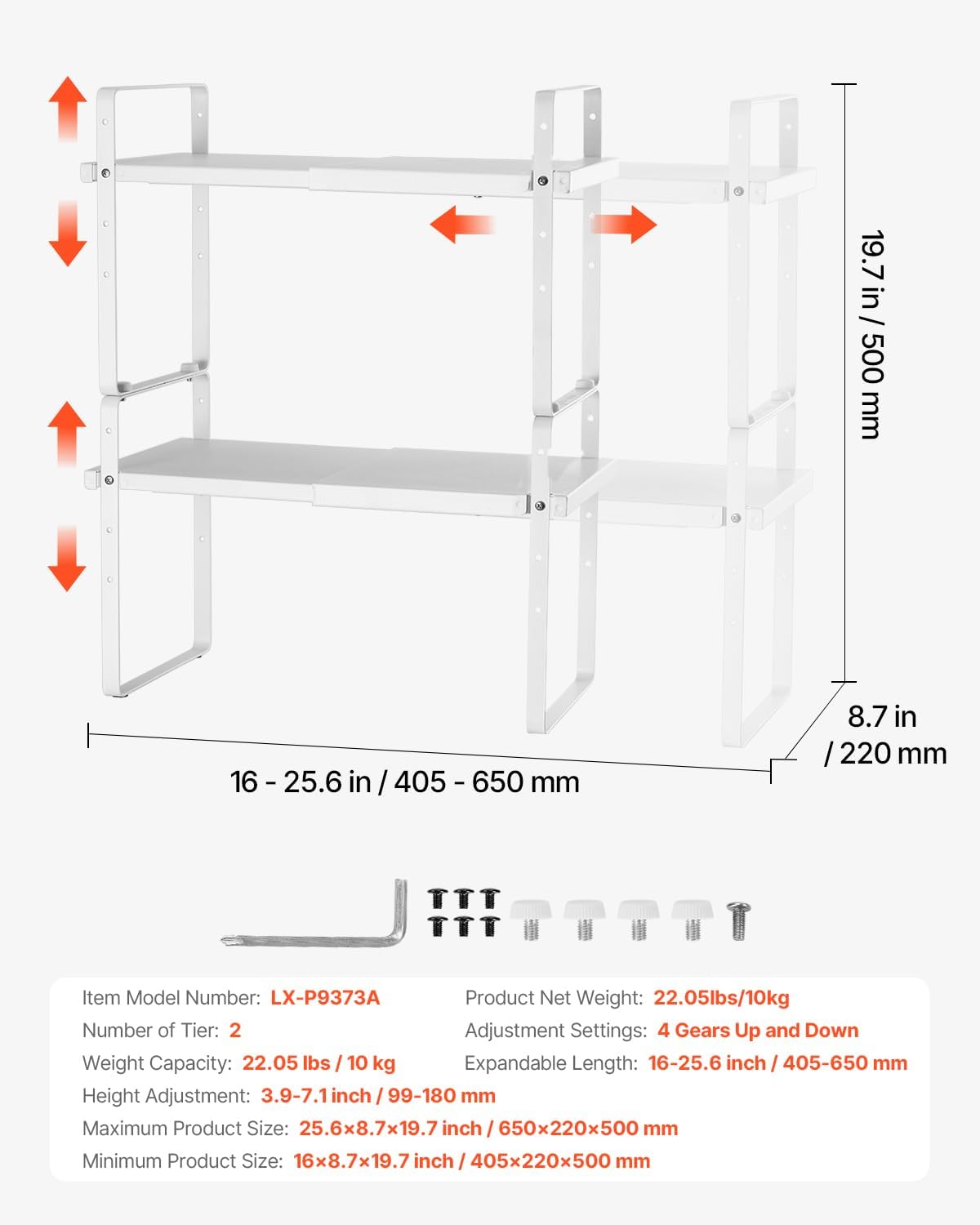 Adjustable Kitchen Cabinet Shelf Organizer, Expandable 2 Tier Cabinet Shelf, Stackable Countertop Organizers and Storage Risers, Pantry for Kitchen Bathroom Office, White