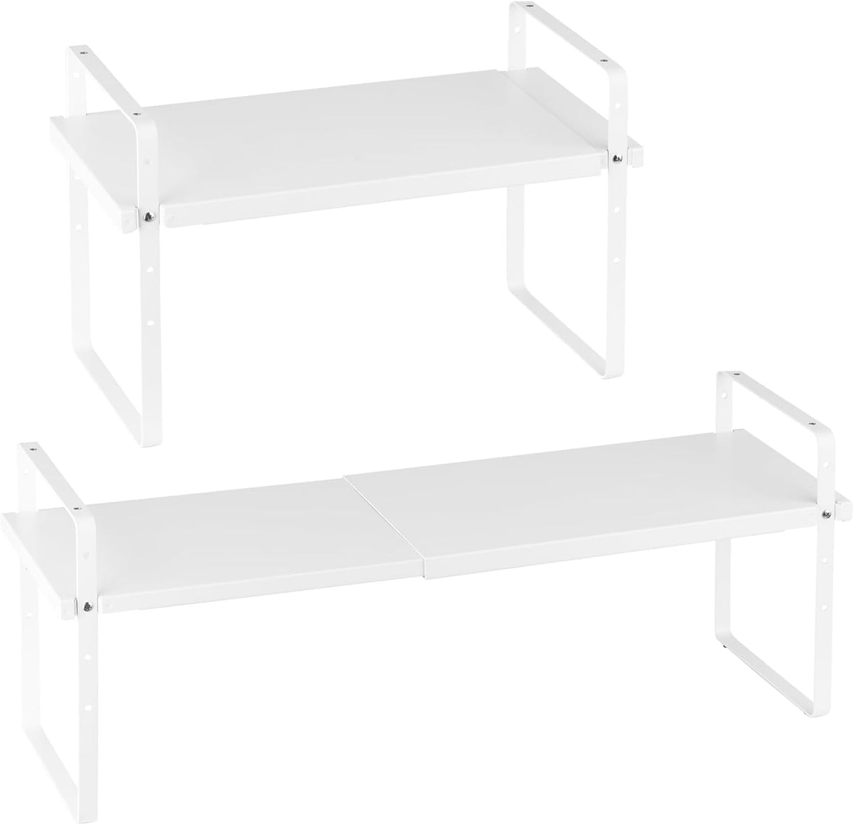 Adjustable Kitchen Cabinet Shelf Organizer, Expandable 2 Tier Cabinet Shelf, Stackable Countertop Organizers and Storage Risers, Pantry for Kitchen Bathroom Office, White