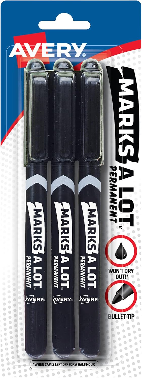 Marks-A-Lot Permanent Markers, Pen-Style Size, Bullet Tip, Water and Wear Resistant, 3 Black Markers (29837)
