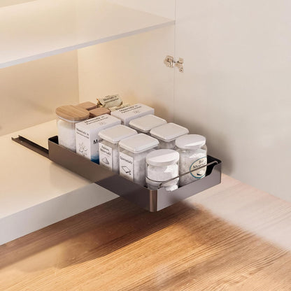 15.7'' Pull Out Cabinet Organizer Fixed with Adhesive Durable Film,Sliding Drawers for Cabinets,No Drilling Required-Stainless Steel Material,Can Be Used for Cabinets, Bathroom Sinks
