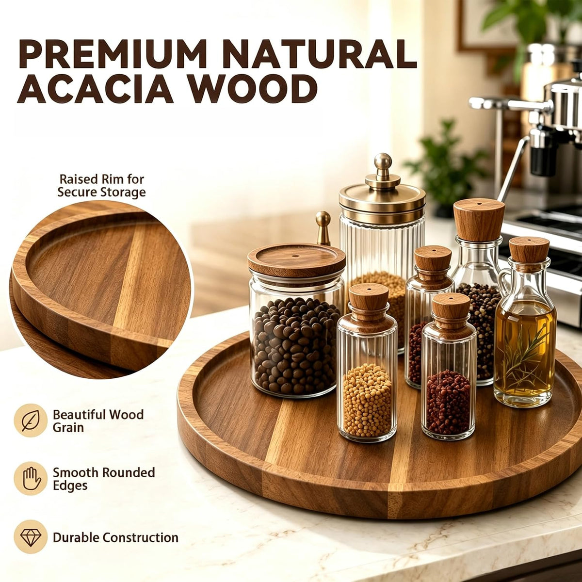 10" Acacia Wood Lazy Susan Organizer Rotating Spice Turntable