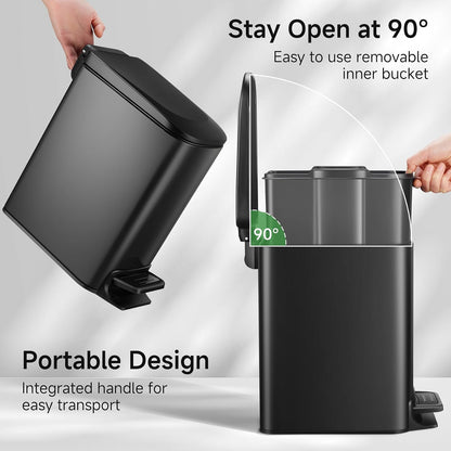 Small Bathroom Trash Can with Lid Soft Close, 1.6 Gal, Matte Black