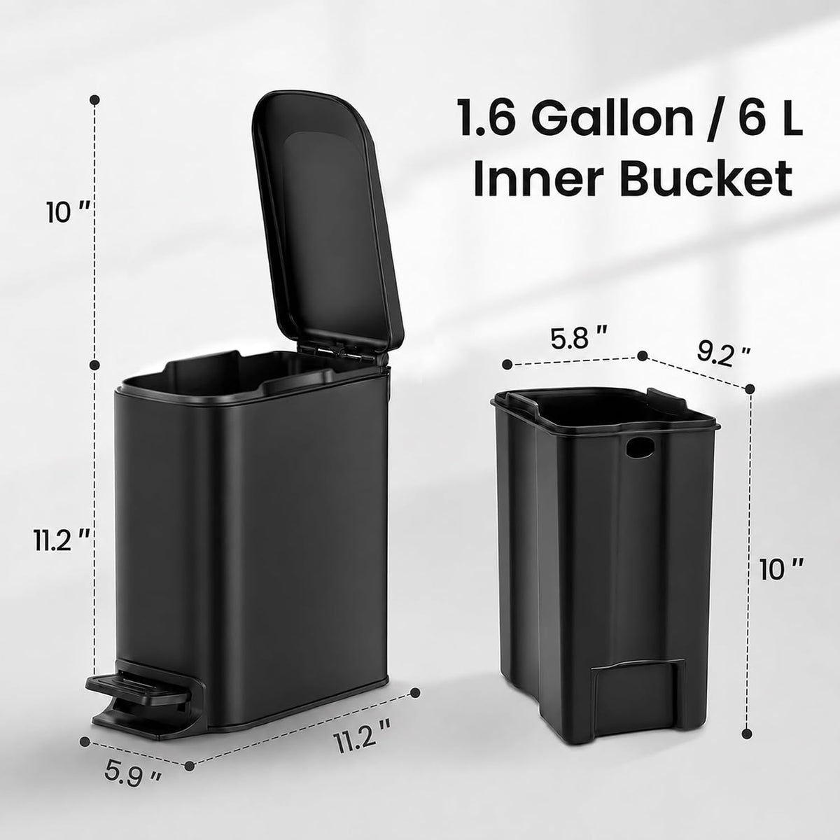 Small Bathroom Trash Can with Lid Soft Close, 1.6 Gal, Matte Black