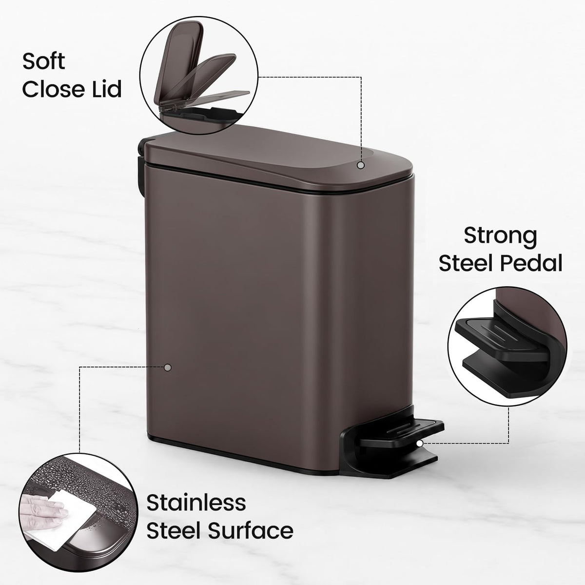 Small Bathroom Trash Can with Lid Soft Close, 1.6 Gal, Matte Black