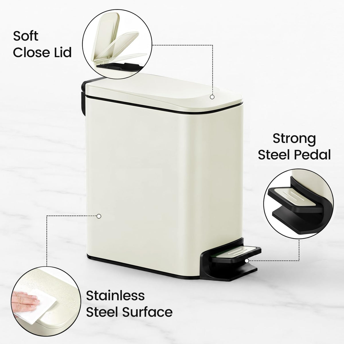 Small Bathroom Trash Can with Lid Soft Close, 1.6 Gal, Matte Black