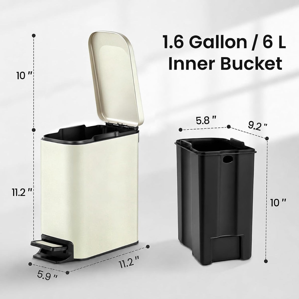 Small Bathroom Trash Can with Lid Soft Close, 1.6 Gal, Matte Black
