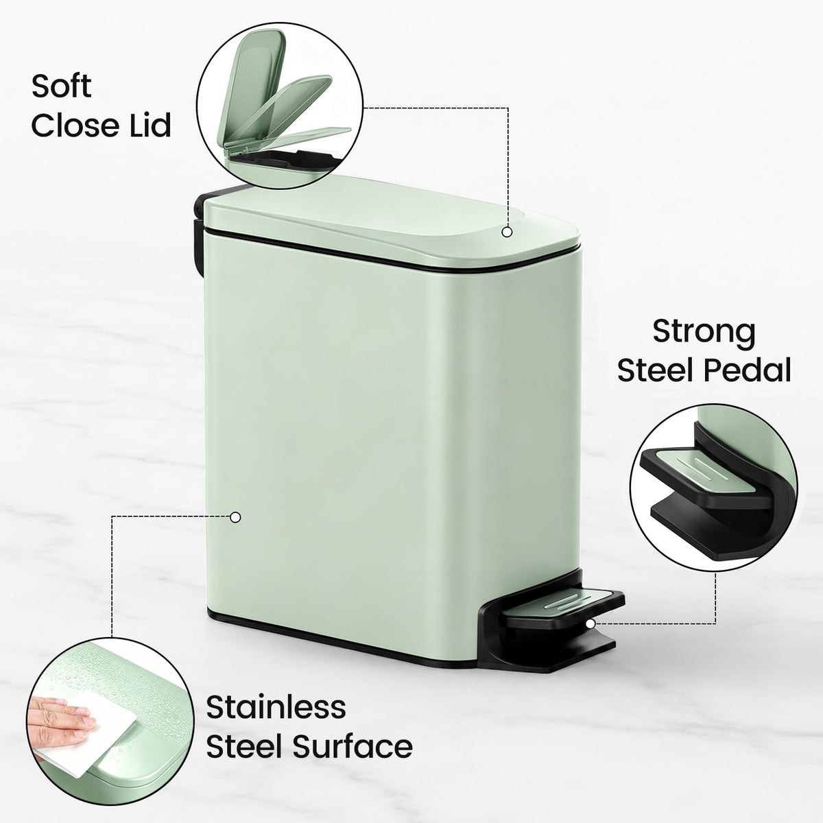 Small Bathroom Trash Can with Lid Soft Close, 1.6 Gal, Matte Black
