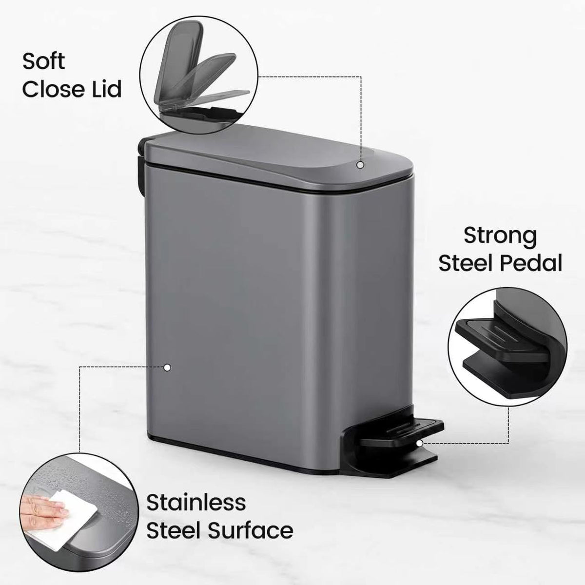 Small Bathroom Trash Can with Lid Soft Close, 1.6 Gal, Matte Black