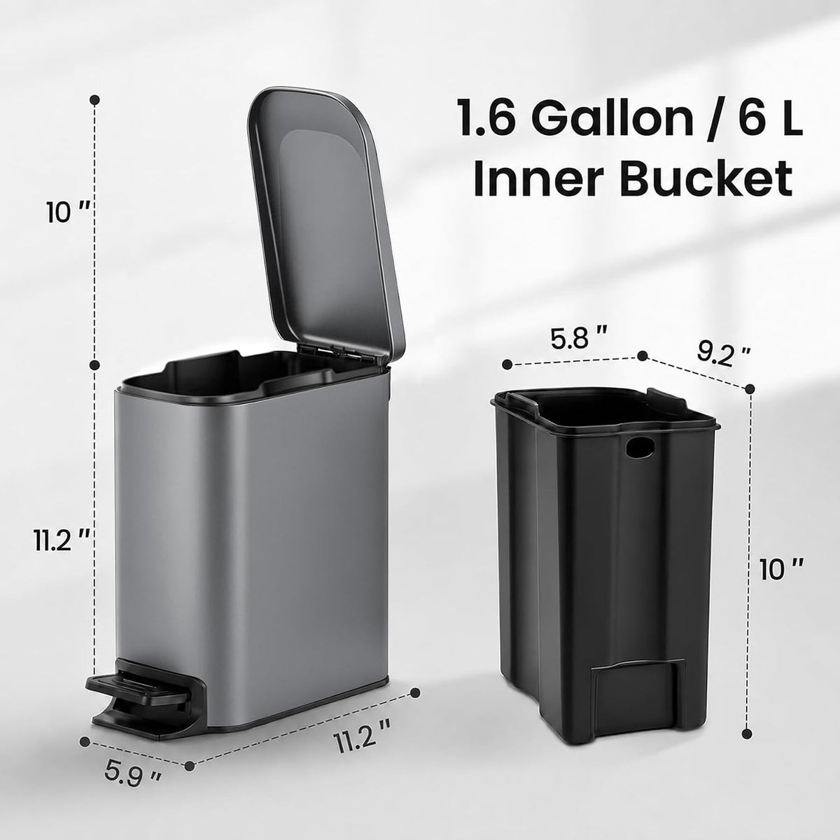 Small Bathroom Trash Can with Lid Soft Close, 1.6 Gal, Matte Black