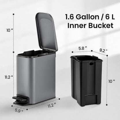Small Bathroom Trash Can with Lid Soft Close, 1.6 Gal, Matte Black
