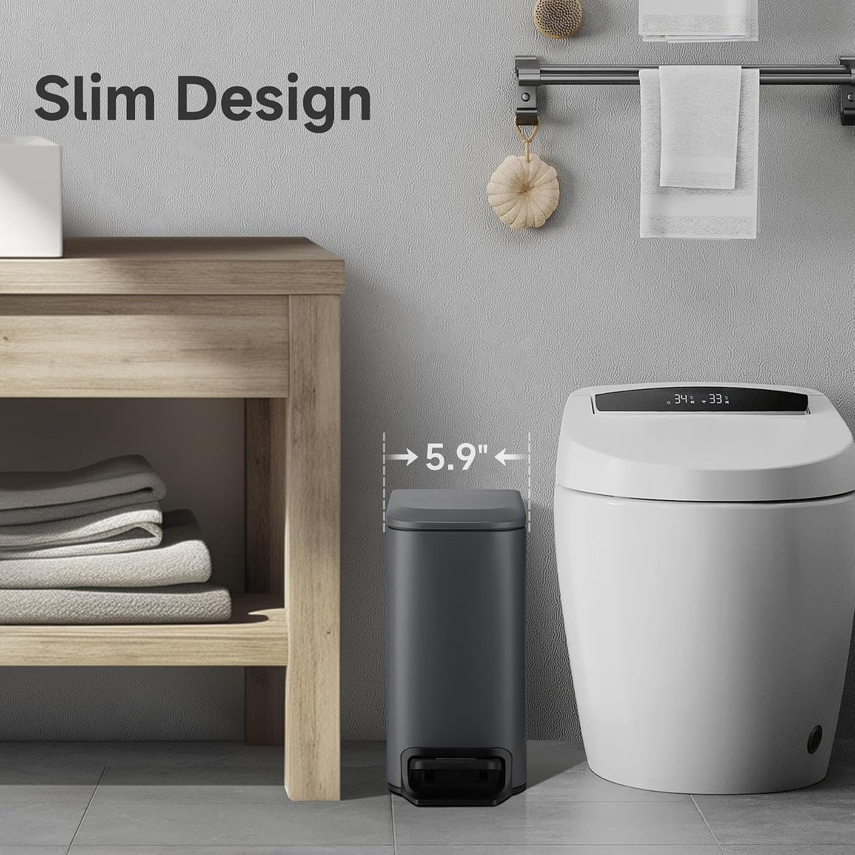 Small Bathroom Trash Can with Lid Soft Close, 1.6 Gal, Matte Black
