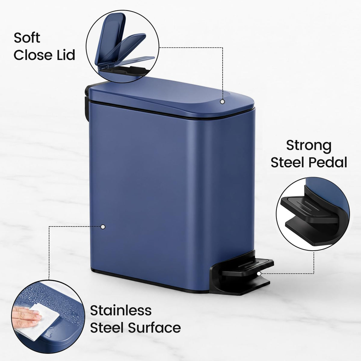 Small Bathroom Trash Can with Lid Soft Close, 1.6 Gal, Matte Black