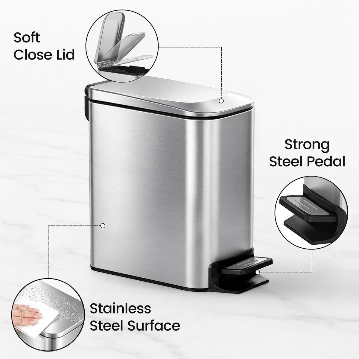 Small Bathroom Trash Can with Lid Soft Close, 1.6 Gal, Matte Black