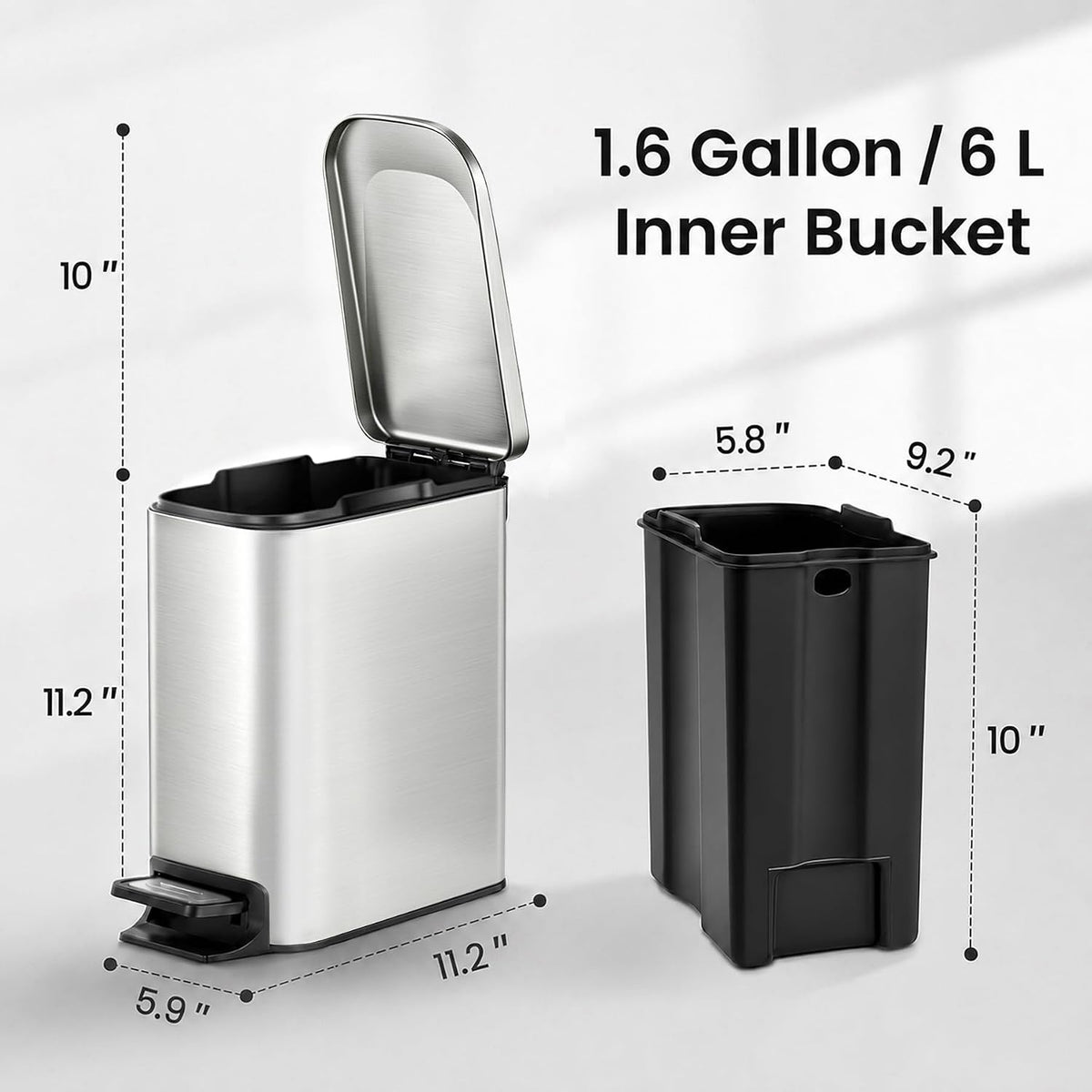 Small Bathroom Trash Can with Lid Soft Close, 1.6 Gal, Matte Black