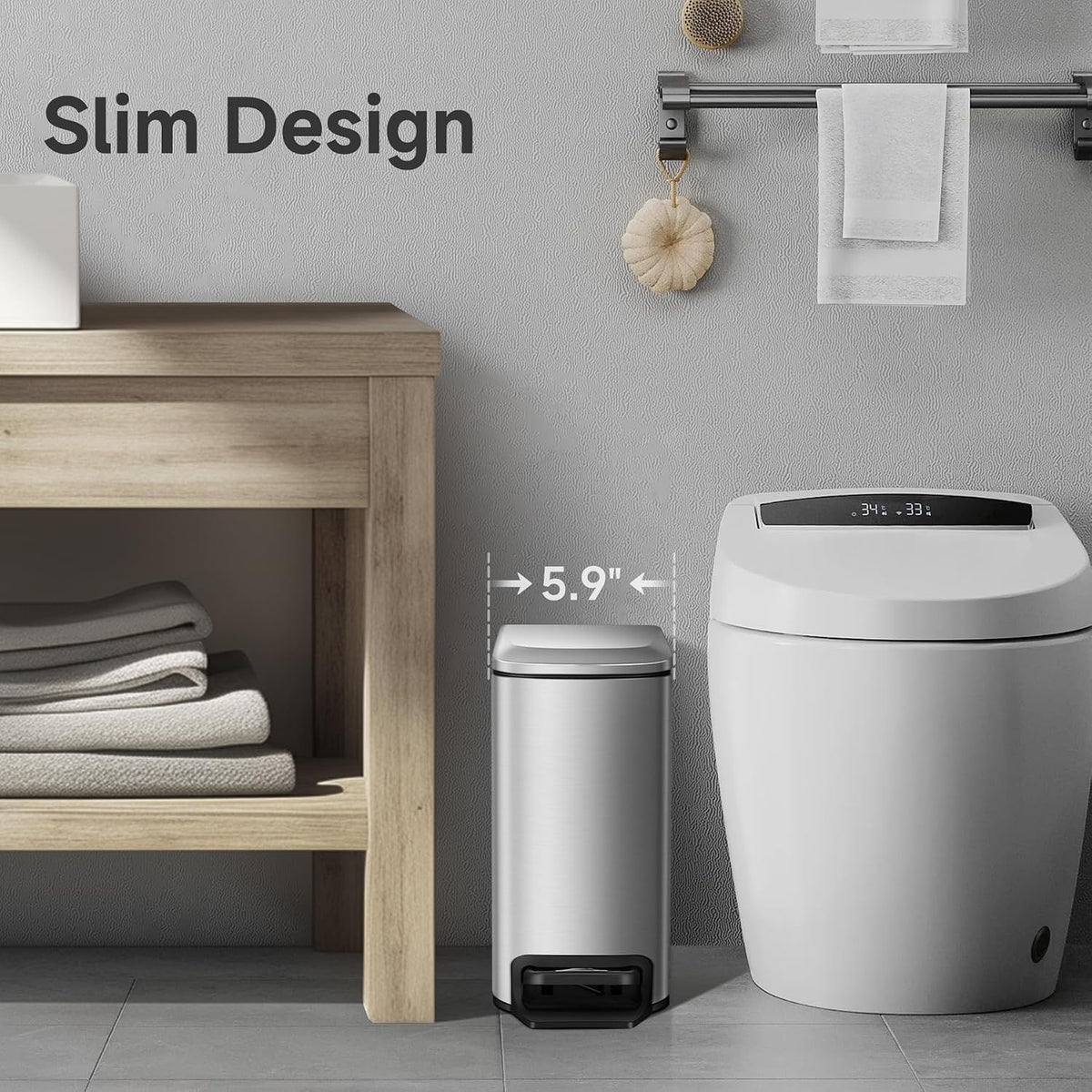 Small Bathroom Trash Can with Lid Soft Close, 1.6 Gal, Matte Black