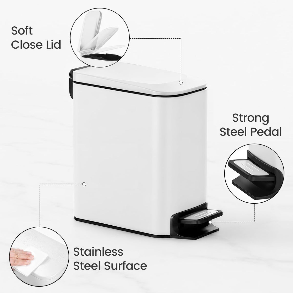 Small Bathroom Trash Can with Lid Soft Close, 1.6 Gal, Matte Black