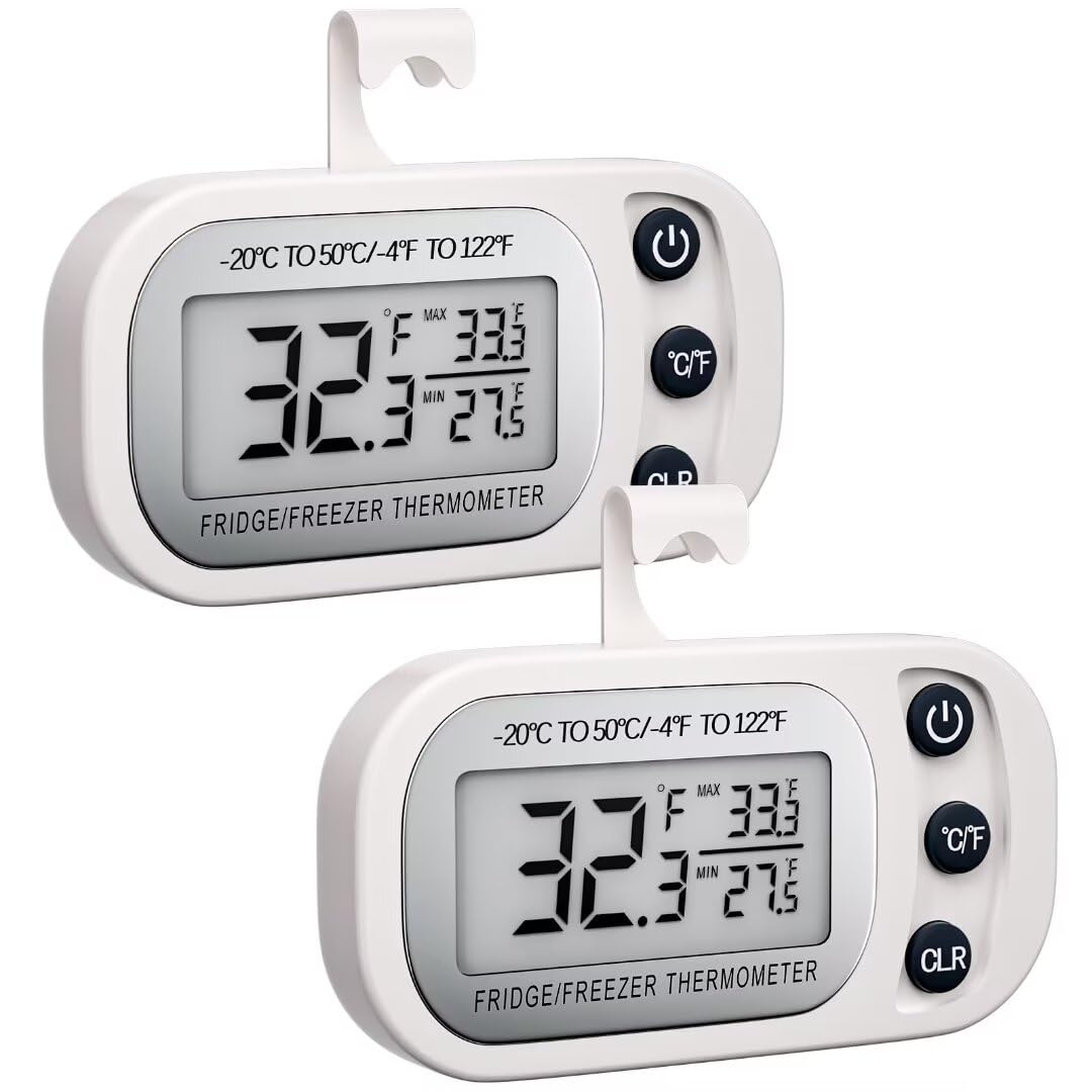 Digital Frigerator Thermometer, Waterproof Fridge and Freezer Thermometer 2 Pack, Fridge Temperature Monitor with Large LCD Screen, Stand and Magnetic Back, for Room,Kitchen-Black