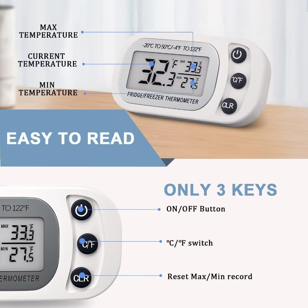 Digital Frigerator Thermometer, Waterproof Fridge and Freezer Thermometer 2 Pack, Fridge Temperature Monitor with Large LCD Screen, Stand and Magnetic Back, for Room,Kitchen-Black
