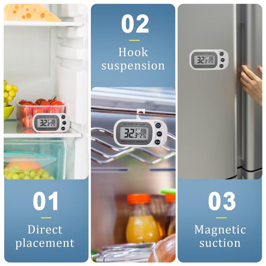 Digital Frigerator Thermometer, Waterproof Fridge and Freezer Thermometer 2 Pack, Fridge Temperature Monitor with Large LCD Screen, Stand and Magnetic Back, for Room,Kitchen-Black