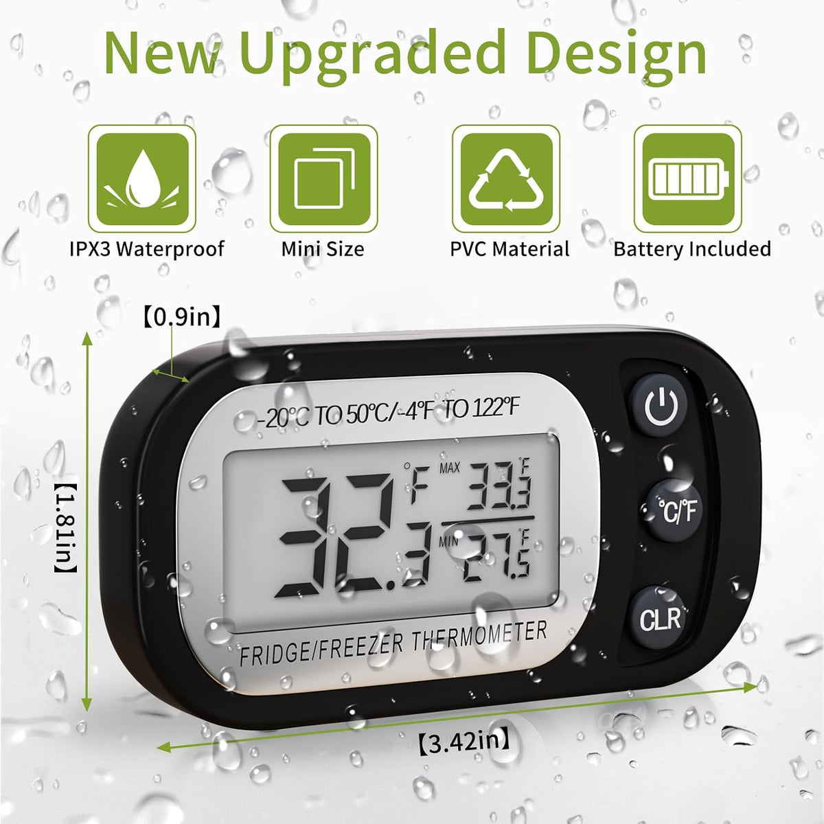 Digital Frigerator Thermometer, Waterproof Fridge and Freezer Thermometer 2 Pack, Fridge Temperature Monitor with Large LCD Screen, Stand and Magnetic Back, for Room,Kitchen-Black