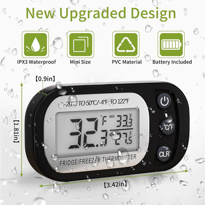 Digital Frigerator Thermometer, Waterproof Fridge and Freezer Thermometer 2 Pack, Fridge Temperature Monitor with Large LCD Screen, Stand and Magnetic Back, for Room,Kitchen-Black
