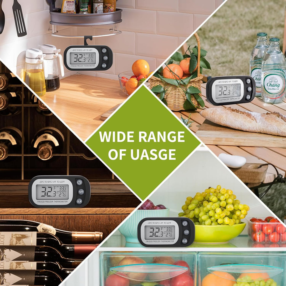Digital Frigerator Thermometer, Waterproof Fridge and Freezer Thermometer 2 Pack, Fridge Temperature Monitor with Large LCD Screen, Stand and Magnetic Back, for Room,Kitchen-Black