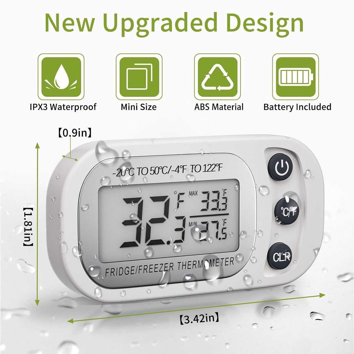 Digital Frigerator Thermometer, Waterproof Fridge and Freezer Thermometer 2 Pack, Fridge Temperature Monitor with Large LCD Screen, Stand and Magnetic Back, for Room,Kitchen-Black