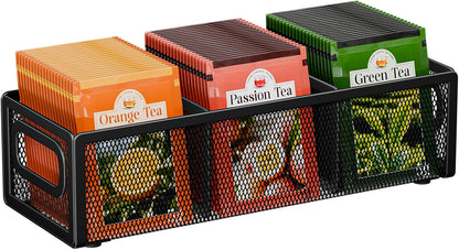 2 Tier Tea Bag Organizer, Mesh Tea Bag Holder with Handle, Teabag Holder, Tea Station Organizer for Countertop, Pantry, Kitchen, Cabinet -Black