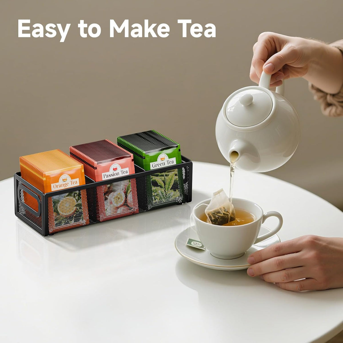2 Tier Tea Bag Organizer, Mesh Tea Bag Holder with Handle, Teabag Holder, Tea Station Organizer for Countertop, Pantry, Kitchen, Cabinet -Black