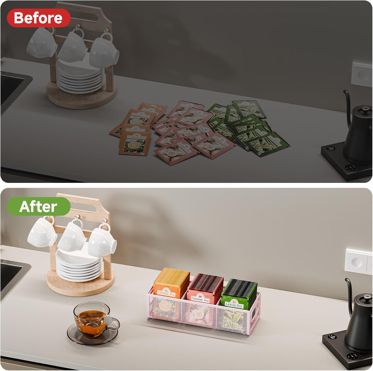 2 Tier Tea Bag Organizer, Mesh Tea Bag Holder with Handle, Teabag Holder, Tea Station Organizer for Countertop, Pantry, Kitchen, Cabinet -Black