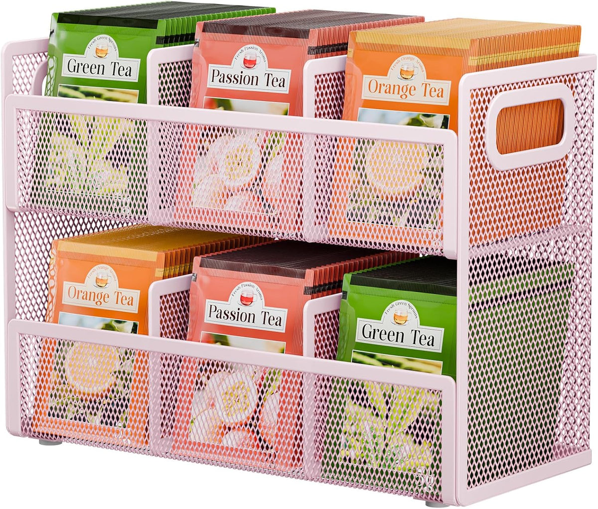 2 Tier Tea Bag Organizer, Mesh Tea Bag Holder with Handle, Teabag Holder, Tea Station Organizer for Countertop, Pantry, Kitchen, Cabinet -Black