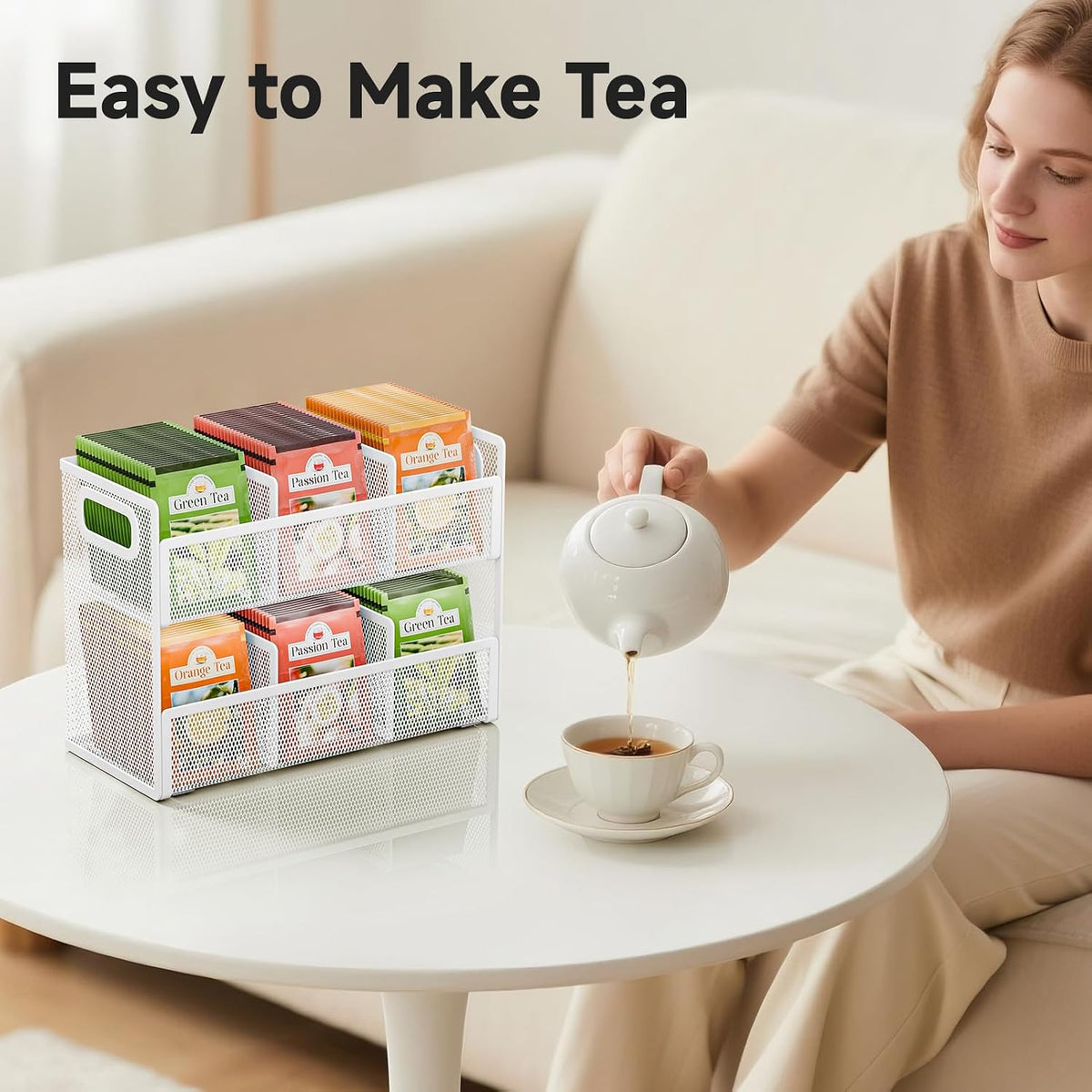 2 Tier Tea Bag Organizer, Mesh Tea Bag Holder with Handle, Teabag Holder, Tea Station Organizer for Countertop, Pantry, Kitchen, Cabinet -Black
