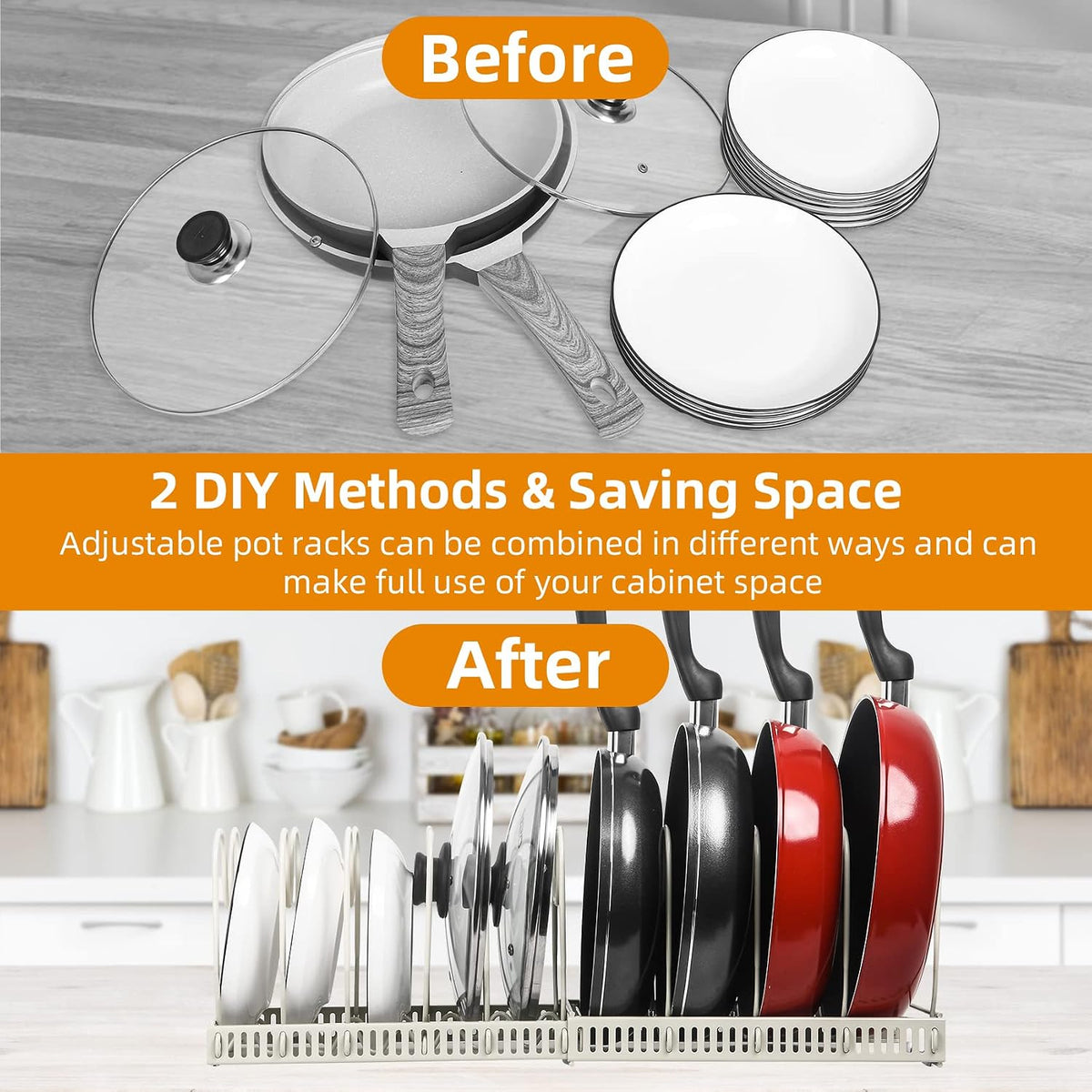 Pot and Pan Lid Organizer Rack for Under Cabinet, 12"-23" Expandable | 10 Adjustable Dividers, Holds Pan Lids, Cookware & Bakeware, Creates Tidy Cabinet Storage, Durable Metal, Bronze