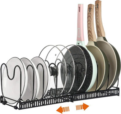 Pot and Pan Lid Organizer Rack for Under Cabinet, 12"-23" Expandable | 10 Adjustable Dividers, Holds Pan Lids, Cookware & Bakeware, Creates Tidy Cabinet Storage, Durable Metal, Bronze
